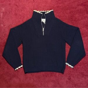 ba&sh Dark Black Blue Turtleneck Sweater with Cream Trim